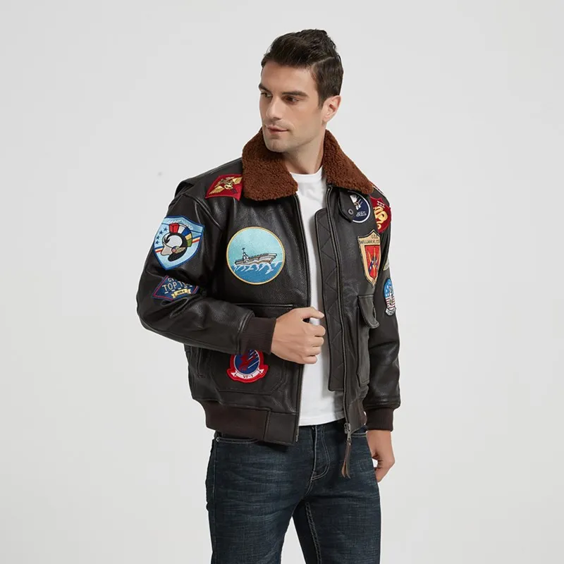 2022 Marrón Oscuro TOP GUN Chaqueta de Cuero de Piloto Hombres Cuello de Lana Genuino Grueso Natural Invierno Estilo Militar Abrigo de Aviación