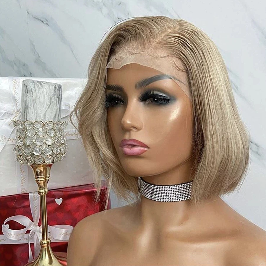 

Ash Blonde Short Bob Human Hair Wig T Part Front Lace Wigs With Middle Part Baby Hair For Women Remy Peruvian