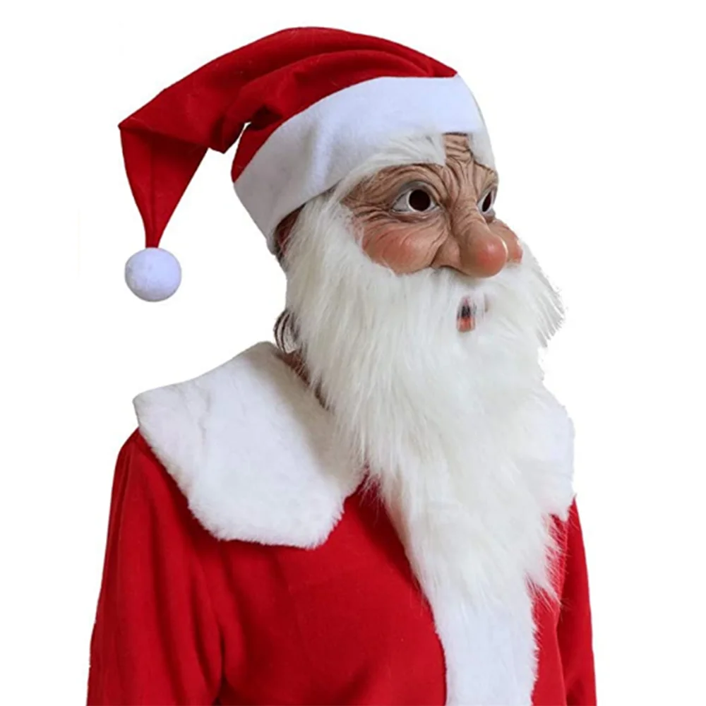 Christmas Santa Claus Latex Mask Xmas Party Santa Claus Costume Masquerade Wig Beard and Red Hat Dress up