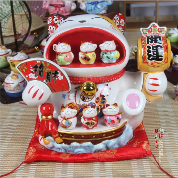 Decoration Arts crafts girl gifts get married L 26CM treasure ship Lucky Cat mouth piggy bank decoration ceramic crafts business