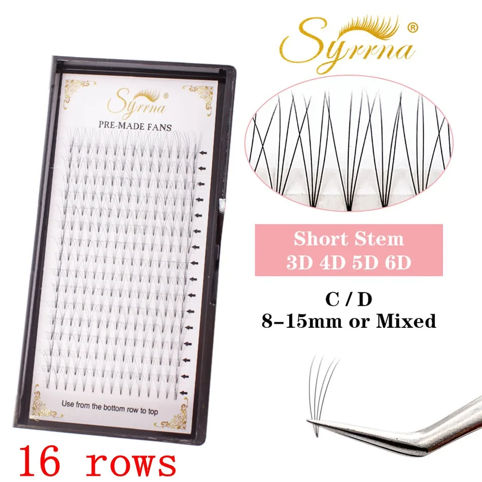 

Syrrna Premade Wide Fans 3d/4d/5d/6d Short Stem Russian Volume Fans Individual Eyelash Extensions C/D Curl Faux Mink Lashes