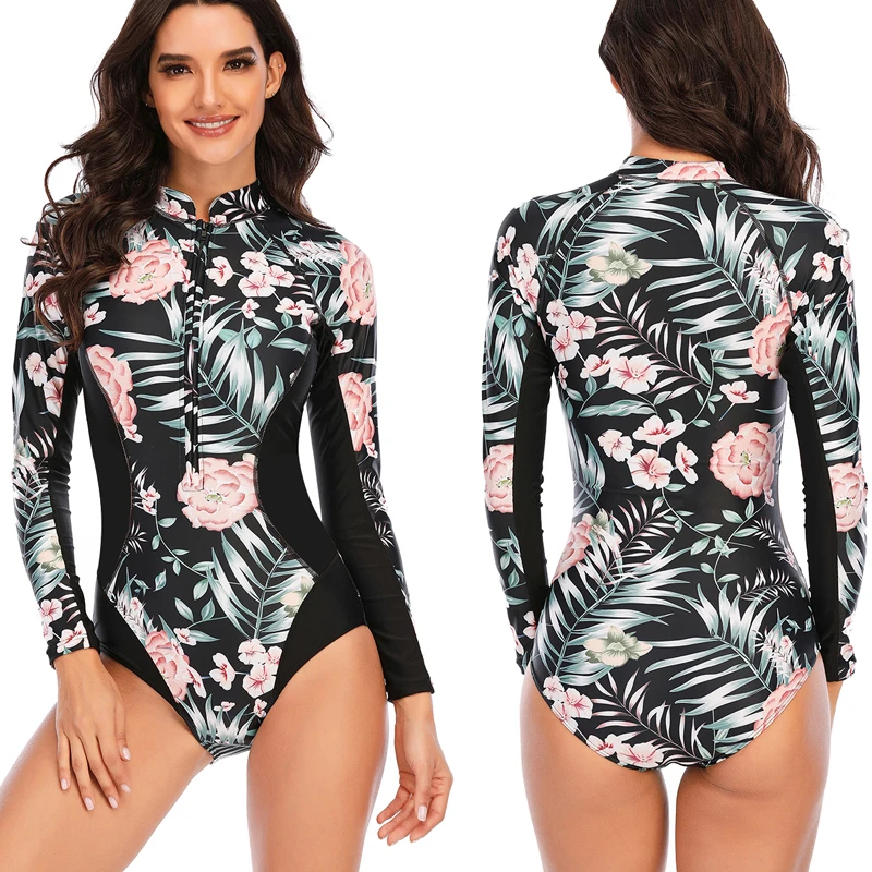 

Long Sleeve Rash Guard Women Striped Patchwork One Piece Swimsuit Push Up Swimwear Bathing Suits Korea Surfing Suits Pad Diving