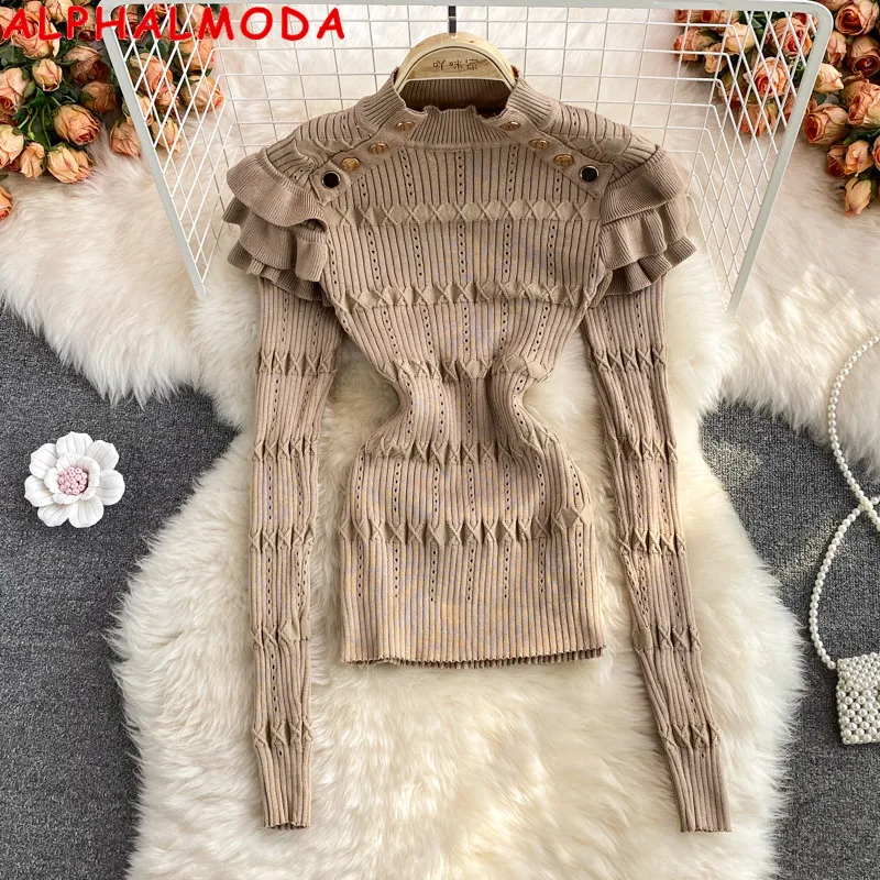 

ALPHALMODA Autumn 2021 New Slim Frill Sleeve Buttons Trim Ladies Chic Jumper Long-sleeved High Collar Fashion Bottom Sweater