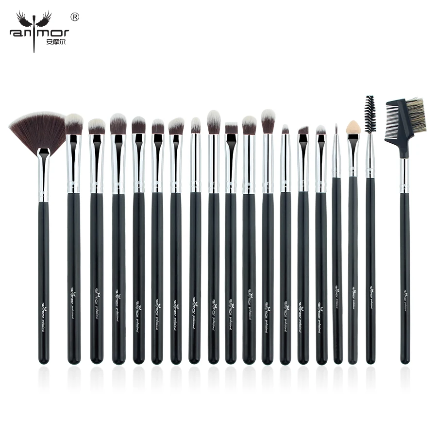 Anmor 19 PCS Professional Eyeshadow Makeup Brushes Set Synthetic Eyebrow Blending Silver Black Brush for Make Up Cosmetic Tools