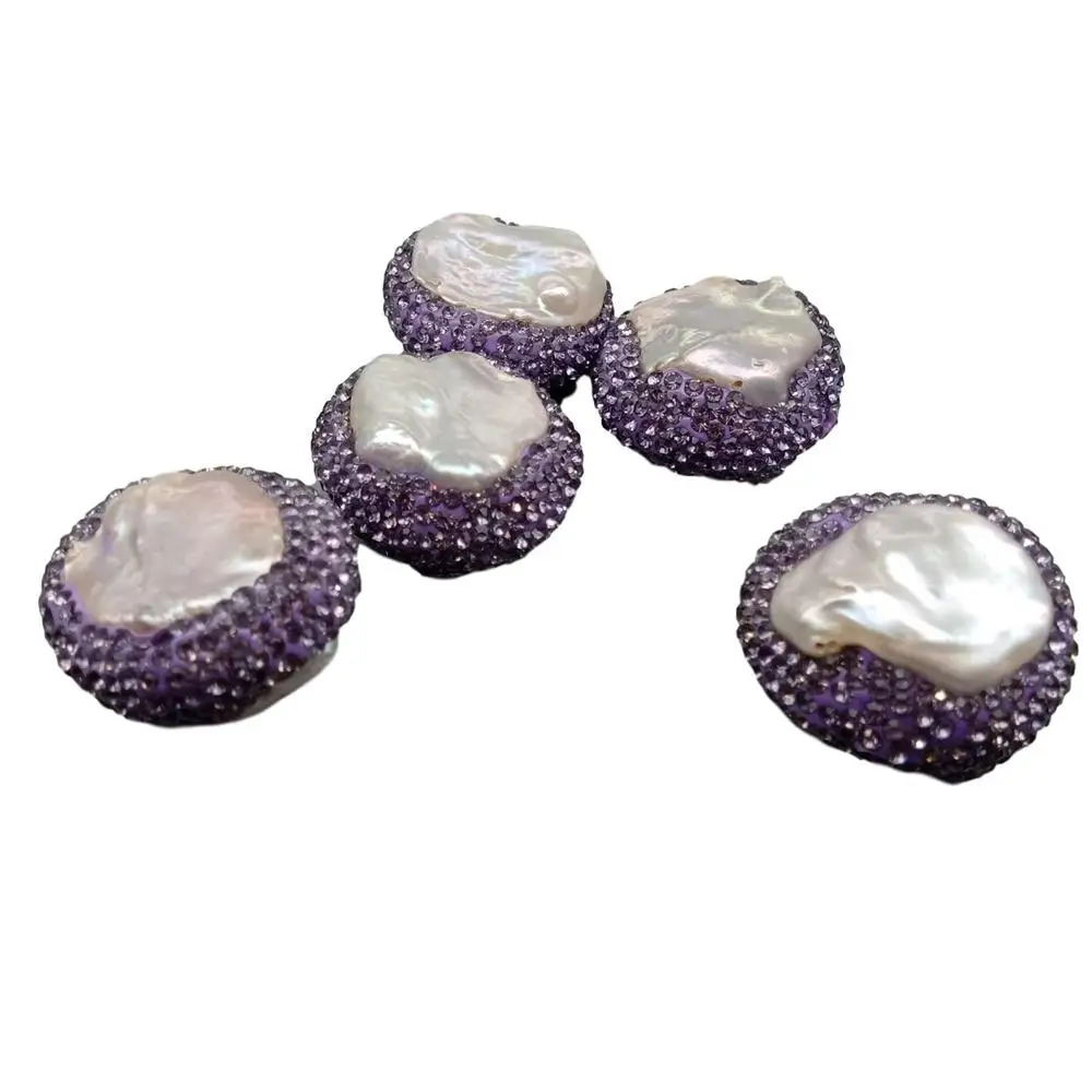 

5 pcs Coin Shape Cultured Purple Pearl Crystal Pave Spacer Beads Findings