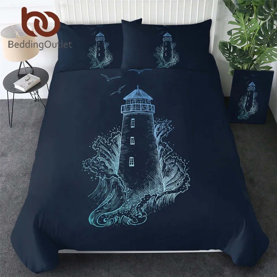 

BeddingOutlet Lighthouse Bedding Set Nautical Theme Duvet Cover Storm Bed Spread 3pcs Dark Blue Ocean Sea Home Textiles Dropship