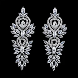 Ekopdee Luxury Gorgeous Cubic Zirconia Earrings Women Gold Silver Color Long Crystal Bridal Earrings Female Wedding Jewelry