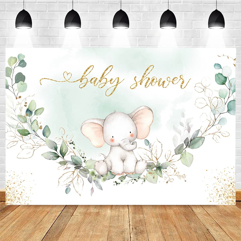 

Mocsicka Baby Shower Photography Background Elephant Ink Green Leaf Decoration Props Child Portrait Photo Backdrop Banner