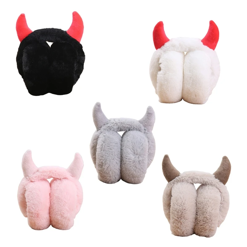 Women Soft Plush Earmuff with Horns Girls Cute Winter Adjustable Ear Muffs Female Foldable Outdoor Cycling Ski Ear Warmers