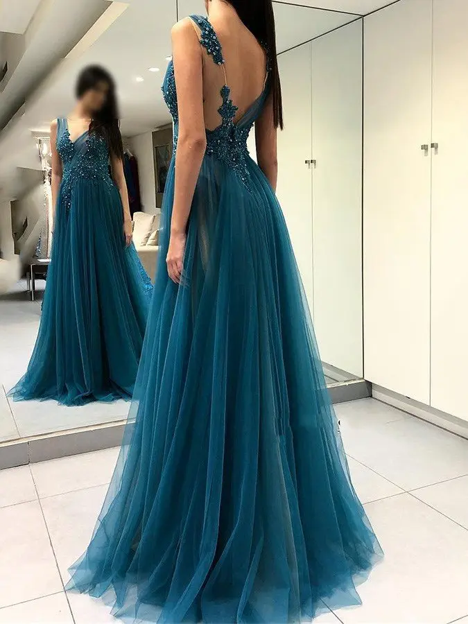 Gaun malam kerah V punggung terbuka biru tua seksi 2024 applique pesta Prom panjang mutiara applique tanpa lengan Vestido De Festa