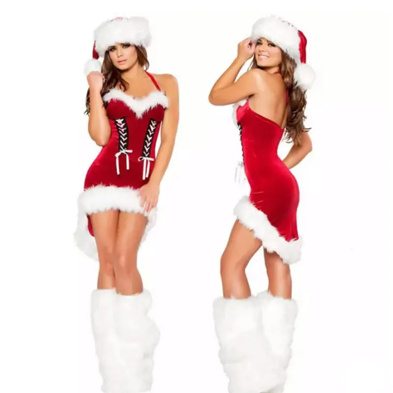 Mais tamanho ano novo traje de natal para as mulheres vermelho sexy vestido adulto feminino fantasia cosplay + chapéu