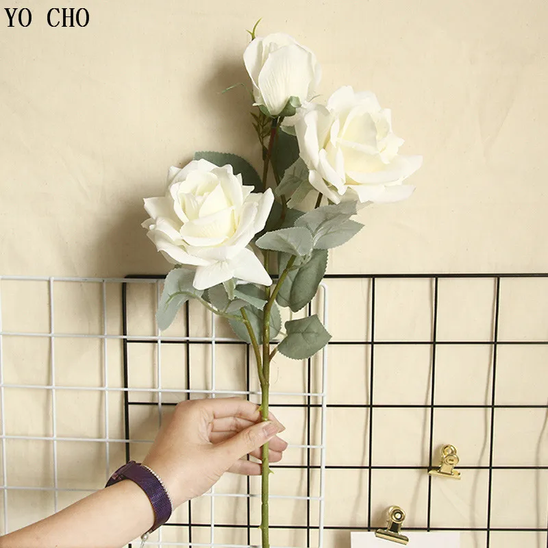 YO CHO-rama de rosas artificiales de jazmín y nieve, flores falsas de seda para decoración de boda, mesa de matrimonio, cabezas de rosas grandes