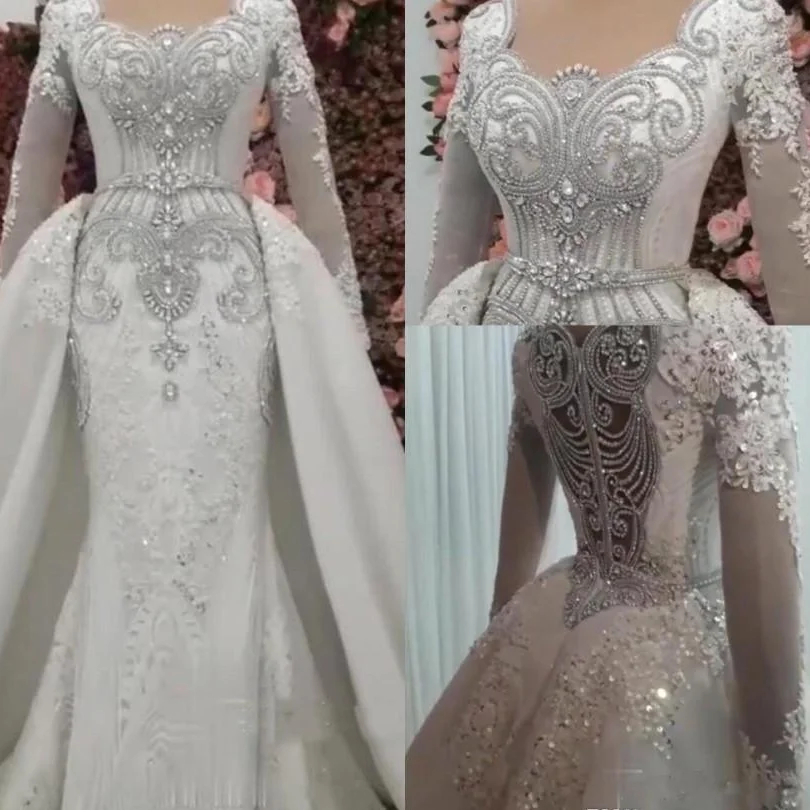 

2021 New Crystal Mermaid Wedding Dresses Long Sleeves Shiny Sequined Beading Bridal Gowns Plus Size Handmade Elegant robes de ma