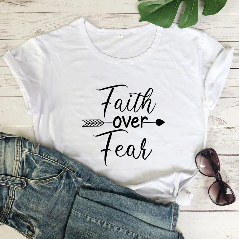 Faith Over Fear Arrow Print T-shirt Stylish Women Christian Church Tshirt Inspiring Religious Jesus Bible Tee Shirt Top Dropship