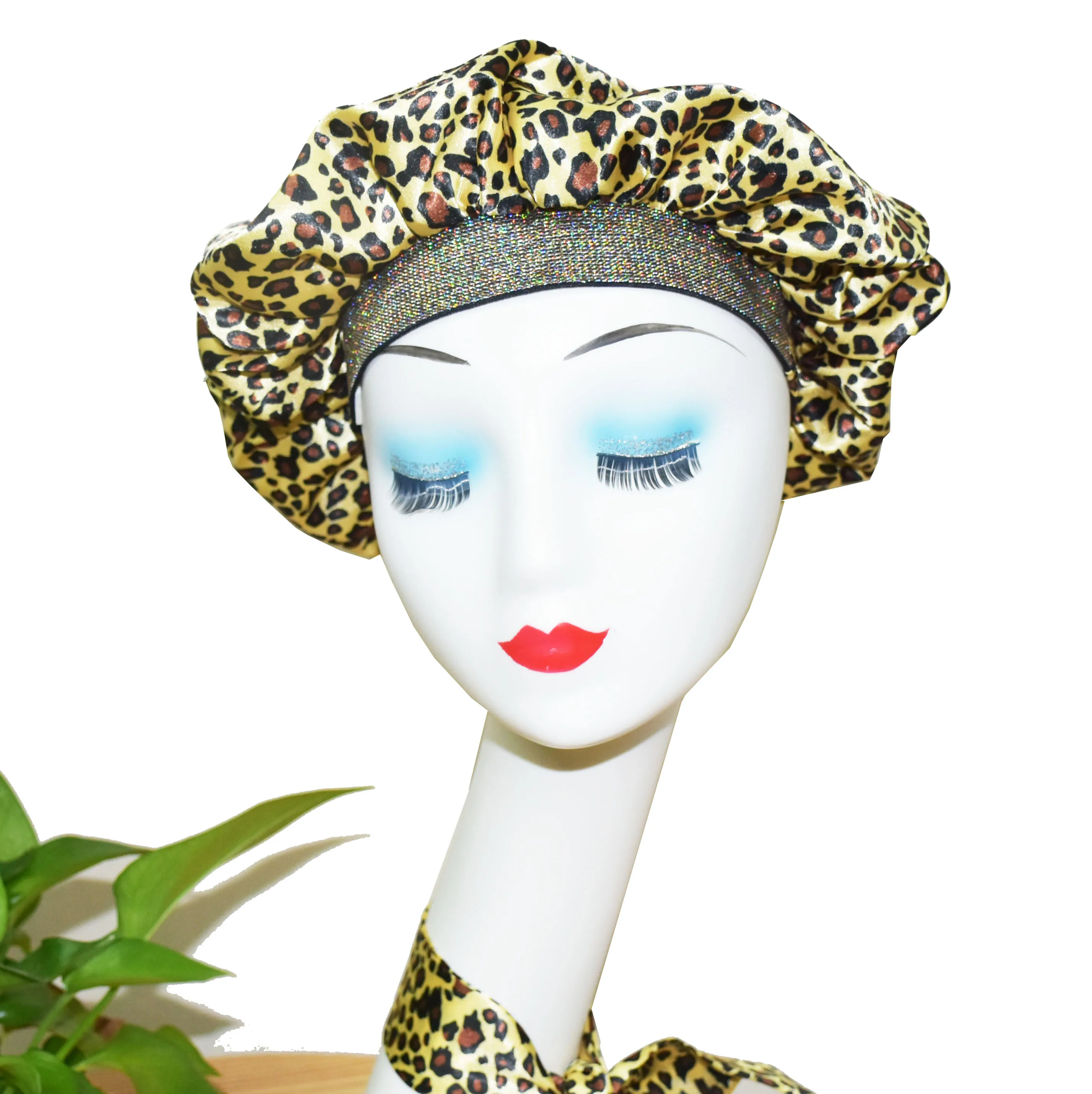 

women wide band wholesale luxury leopard satin silk hair bonnets with custom logo vendor