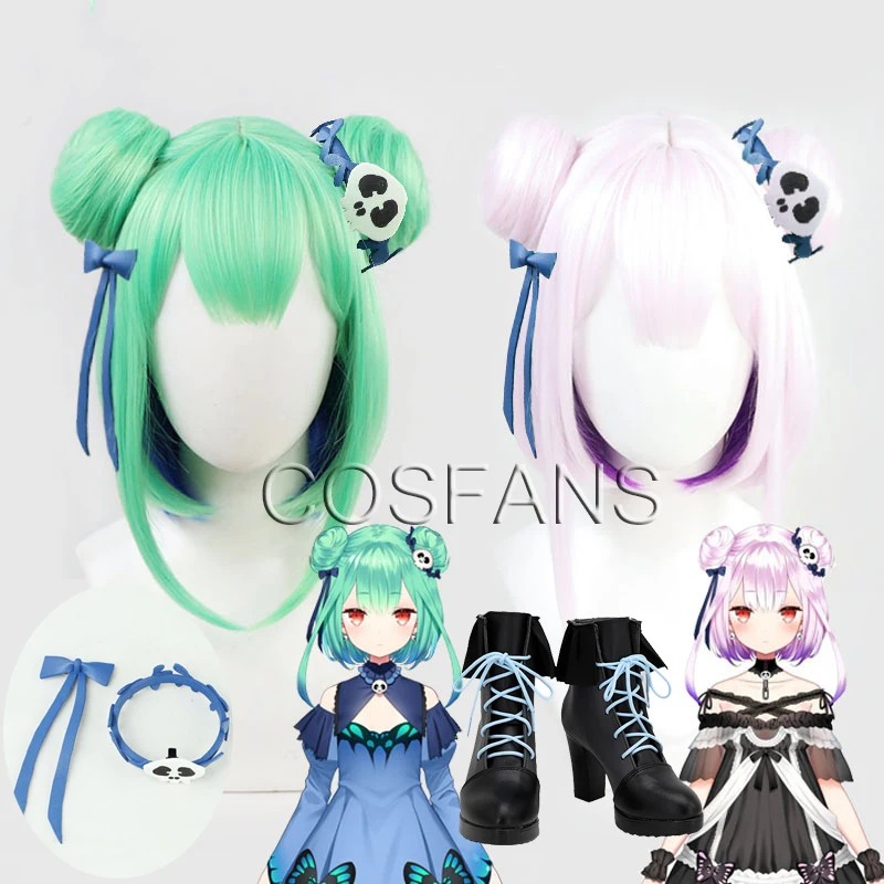 VTuber Uruha Rushia Wig Buns Hololive Fantasy Necromancer Cosplay Short Straight Hair Buns Synthetic Hair wig shoe Headwear