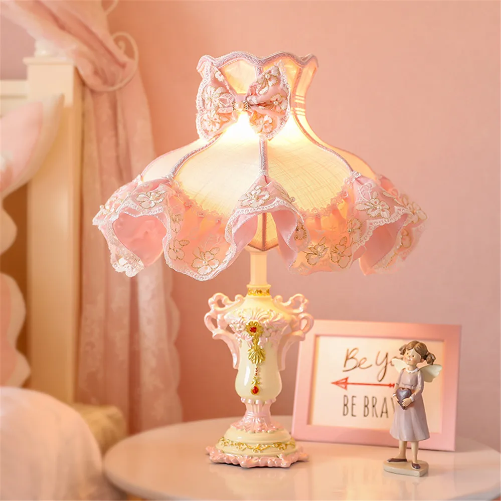 Cottagecore Lace Fabric Lampshade Table Lamp Romantic Daughter Princess Bedroom Nightstand Light Living Room Decorative Fixture