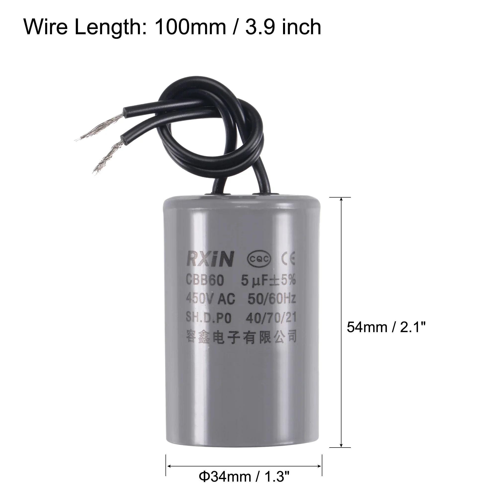 Uxcell CBB60 Run Capacitor 5uF 450V AC 2 Wires 50/60Hz Cylinder 54x34mm for Air Compressor Water Pump Motor