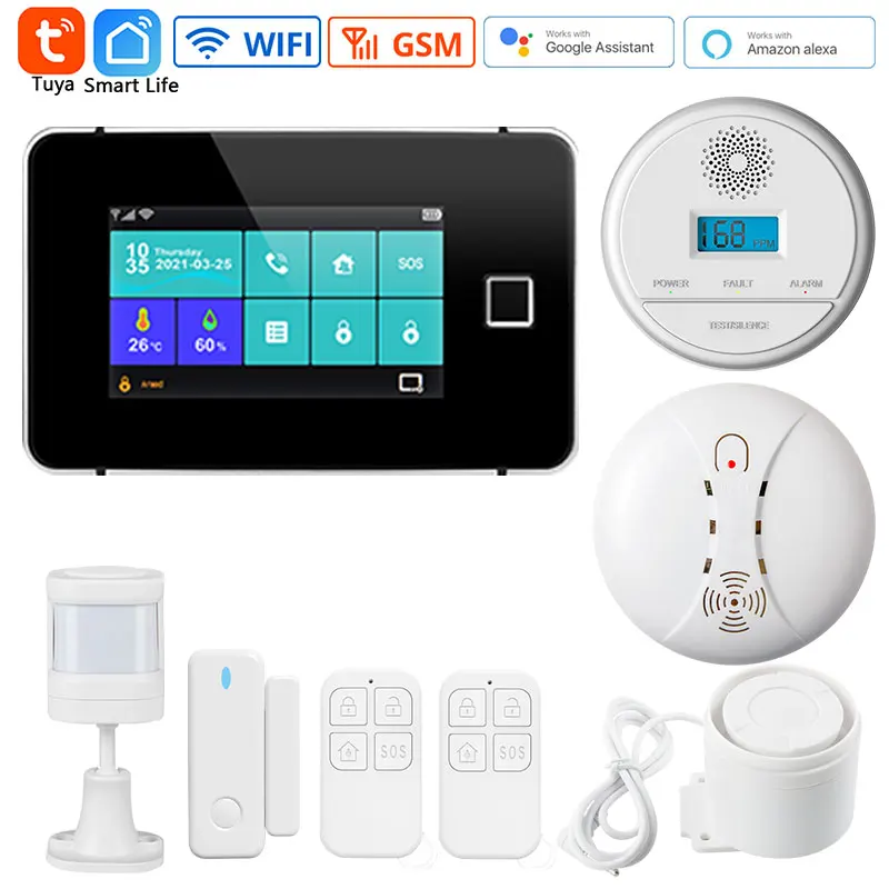 Système d\'alarme de sécurité domestique intelligent, sans fil, G60, hôte tactile à empreinte digitale, écran couleur 4.3 pouces, capteur de fumée,