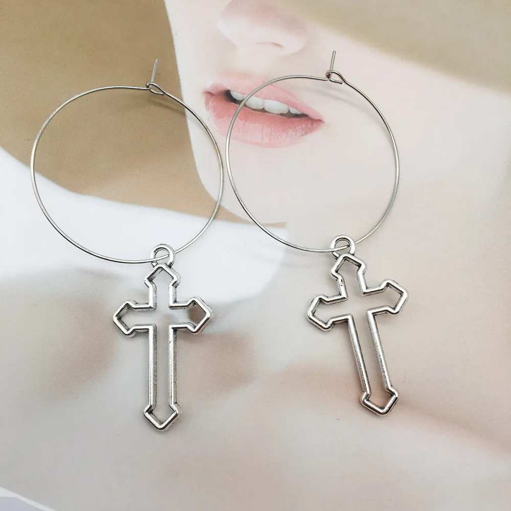 2020 Hot Fashion Handmade Simple Cool Punk Vintage Silver Color Cross Charms Drop Earrings Jewelry best Gift For Women girls