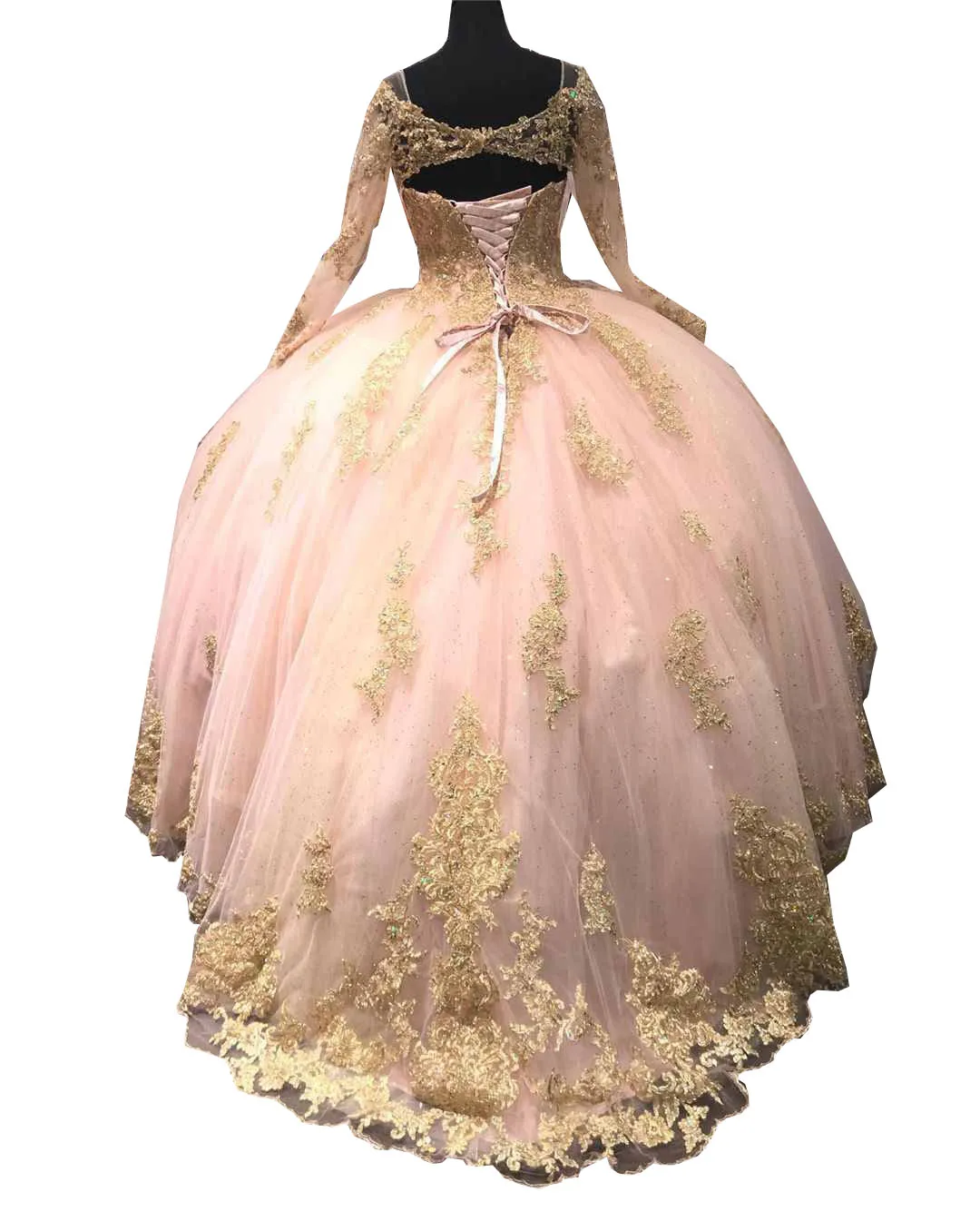 Shimmering Gold Embroidery Blush V neck Long Sleeves Ball Gown Quinceanera Prom Dresses for 15 Years girl Keyhole Back Lace up