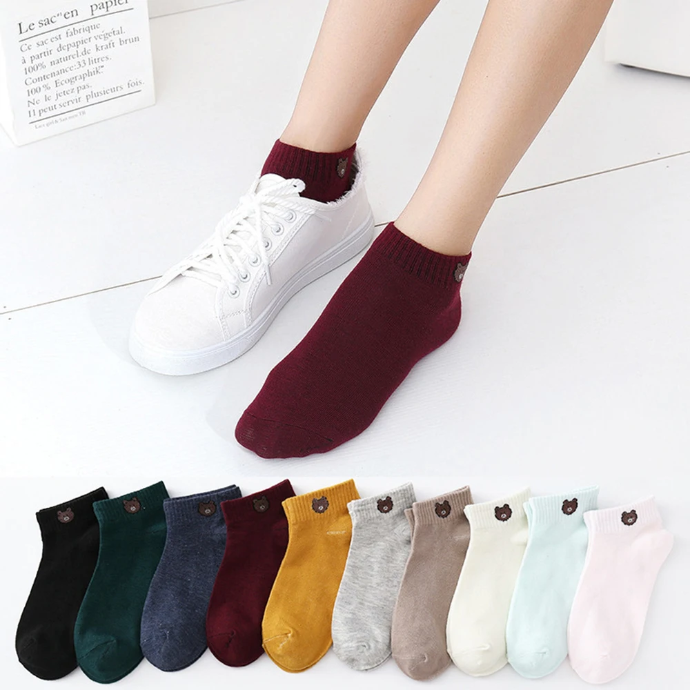 10 Pieces = 5 Pairs Women Short No Show Socks Set Cute Cartoon Bear Head Ankle Invisible Cotton Sock Slippers Korean Japan Funny