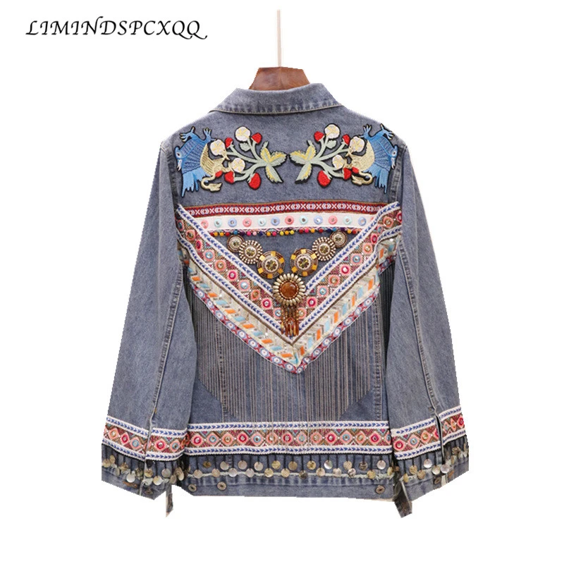 

Autumn Vintage Denim Jacket Embroidery Tassel Beaded Loose Coat Long Sleeve Outerwear Jackets Women Boho Style Clothes Jaqueta