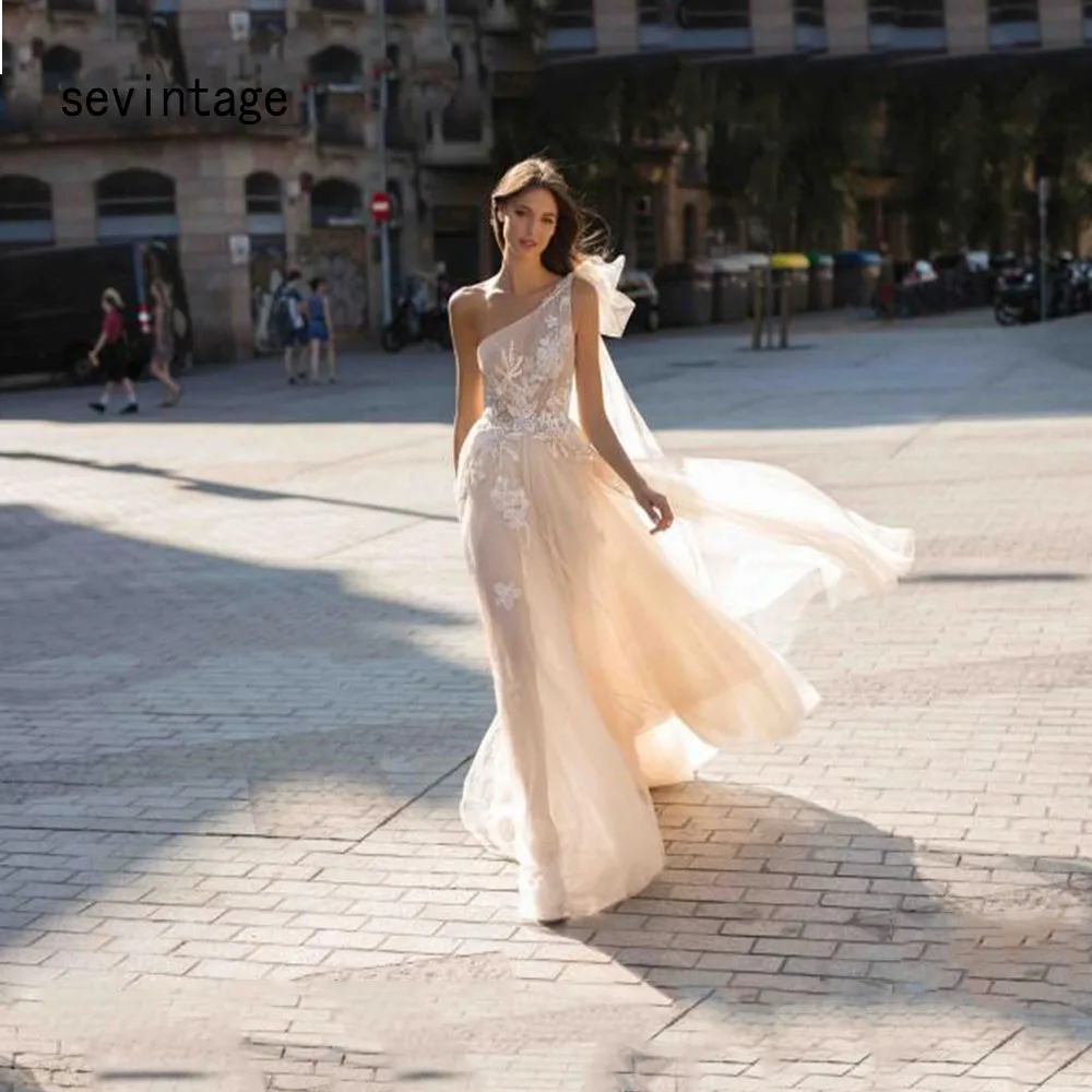 Sevintage Berta-vestidos De Novia bohemios con apliques De encaje, Vestido De Novia De playa De un hombro