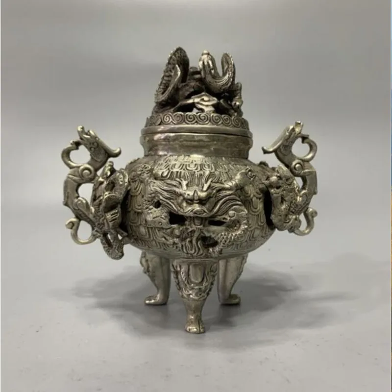 

Details about preeminent White copper silvered nine dragon Tibet censer