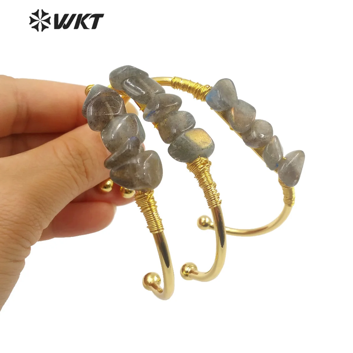 WT-B590 WKT Vintage Women Natural Labradorite Gem Stone Gold Plated Open Bangle Charm Bracelet Cuff Bangle Jewelry Wholesale