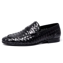 New British Style Business Dress Top Leather  Shoes Men Casual Soft Light Lazy Shoes Men Slip-On Woven Loafer Shoes