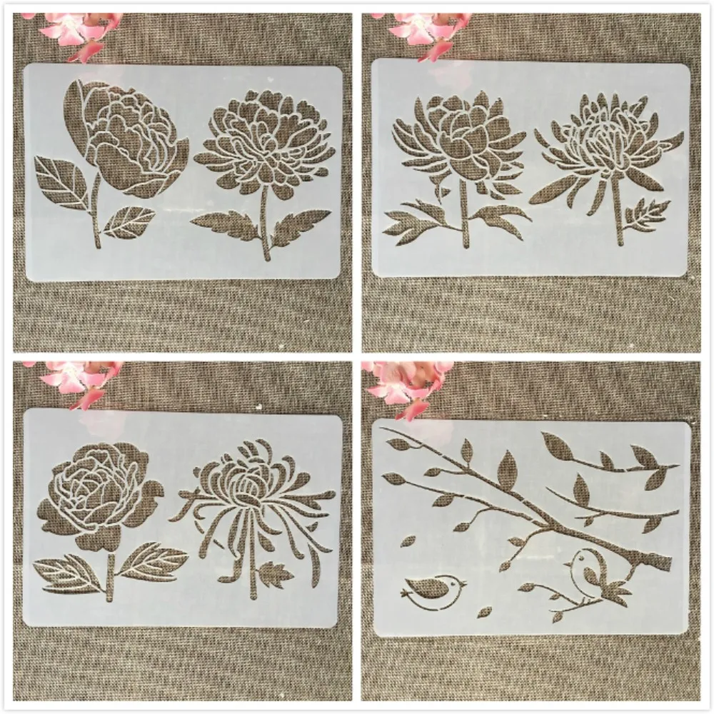 4Pcs 26 ซม.ดอกไม้Chrysanthemum Peony DIY Layering StencilsภาพวาดสมุดภาพสีEmbossingอัลบั้มตกแต่งแม่แบบ