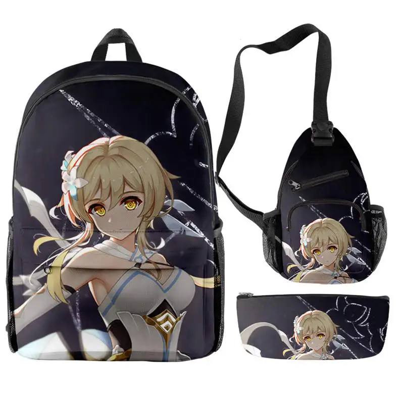 Conjunto de tres piezas de Anime Genshin Impact para hombre y mujer, Bolsa Escolar con cremallera, bolso de hombro y estuche para lápices, estampado Digital