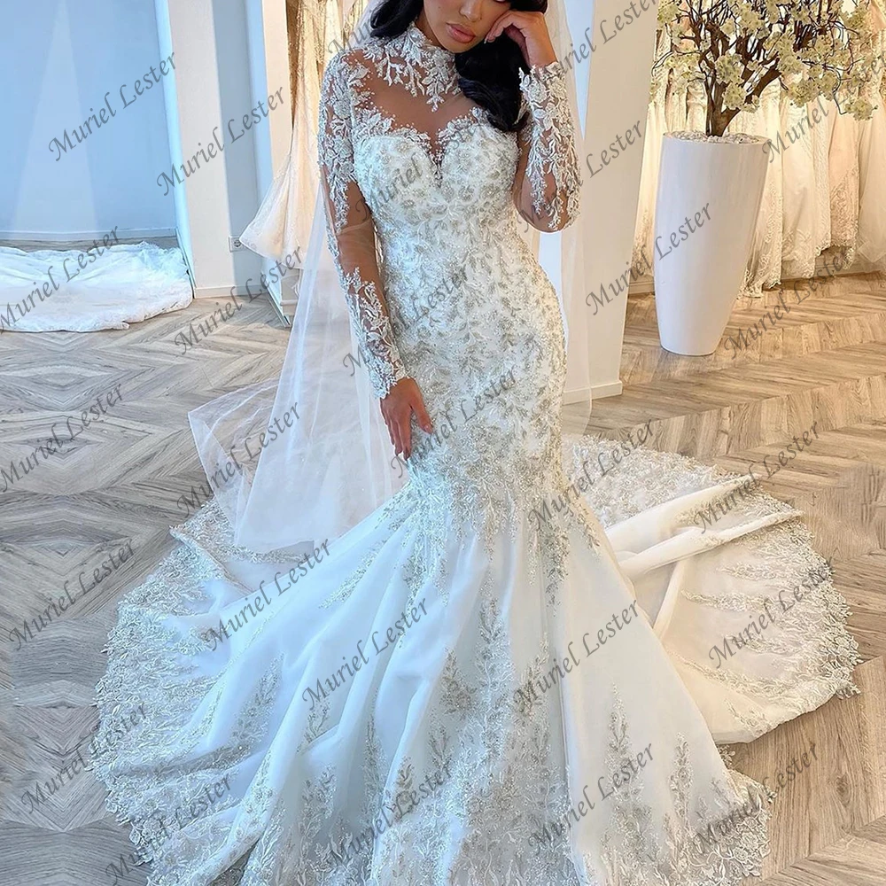 Robe de Mariée Sirène Blanche à Col Haut et Manches sulf, Style Boho, avec Traîne, pour Patients Musulmans, Dubaï, 2020