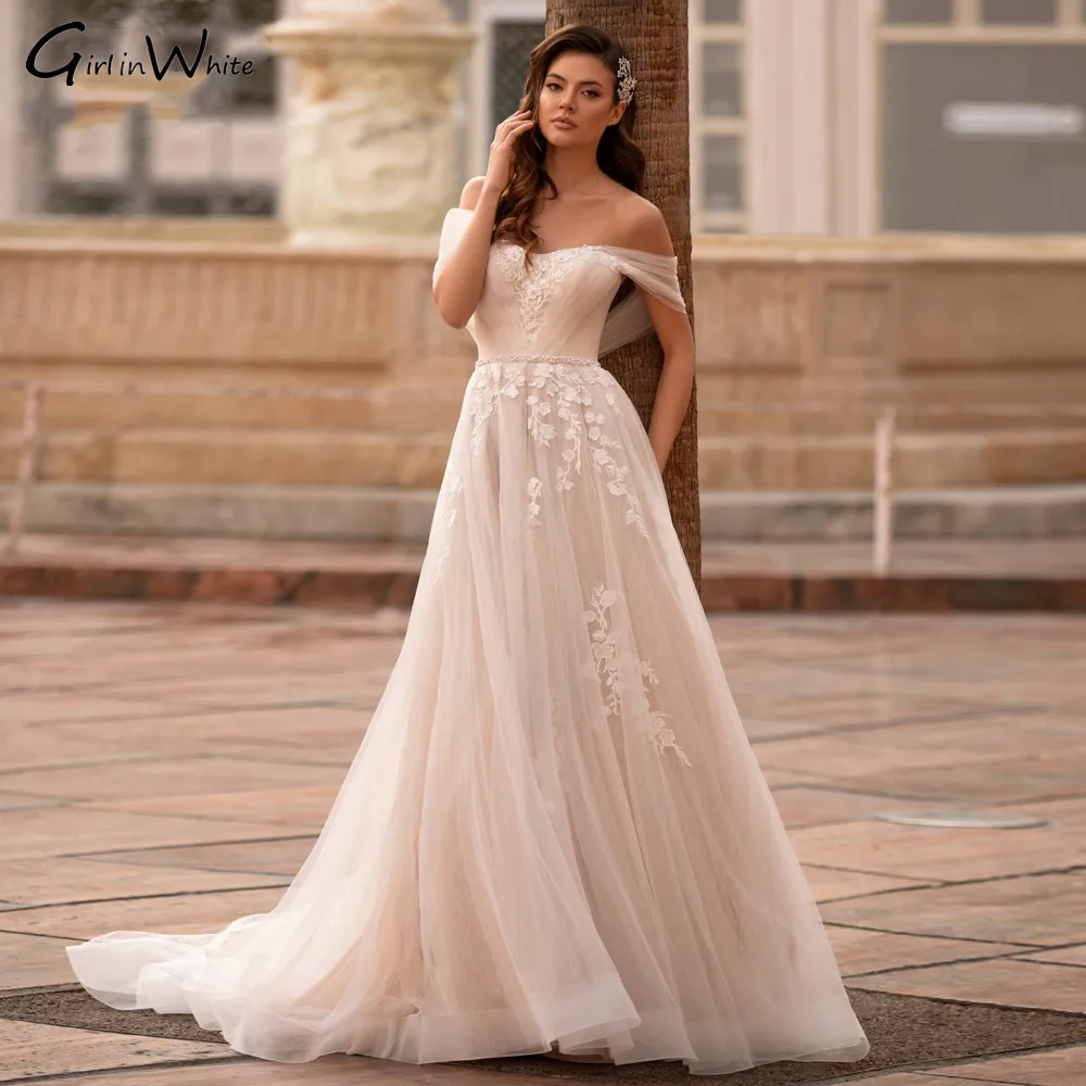 Vestidos De Noiva Romantische Prinses Kant Trouwjurken Sexy Off De Schouder Bridal Dress Applicaties A-lijn Bruid Gown