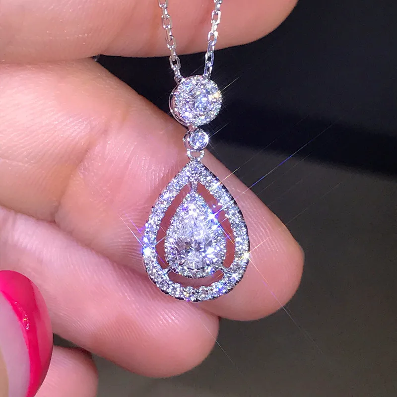 Luxury Female Water Drop Pendant Necklace Cute Silver Zircon Long Necklace Fashion Bride Wedding Necklaces For Women