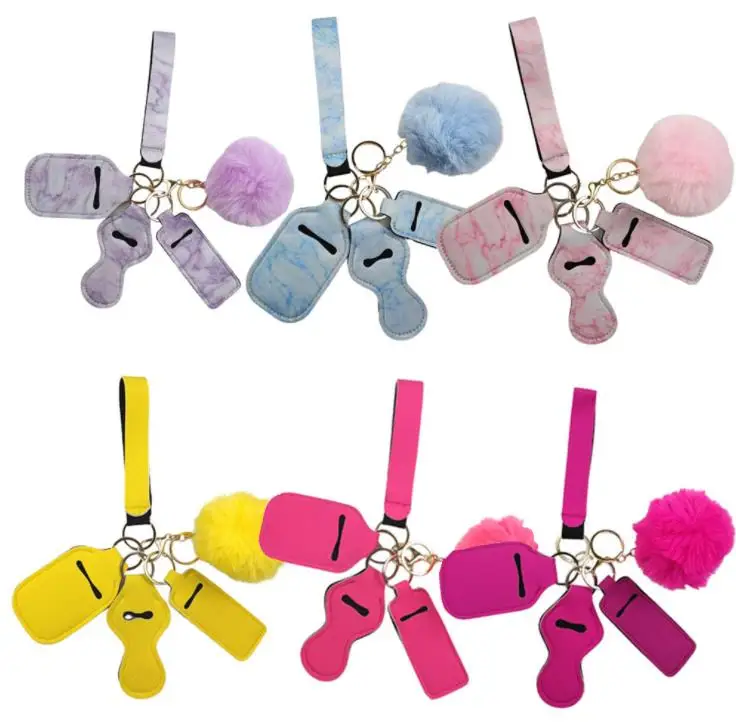 11 Colors 5pcs Keychain Set Pompom Wrist strap Lipstick Keychains Silver Keyring For Woman Men Keyrings SN3698