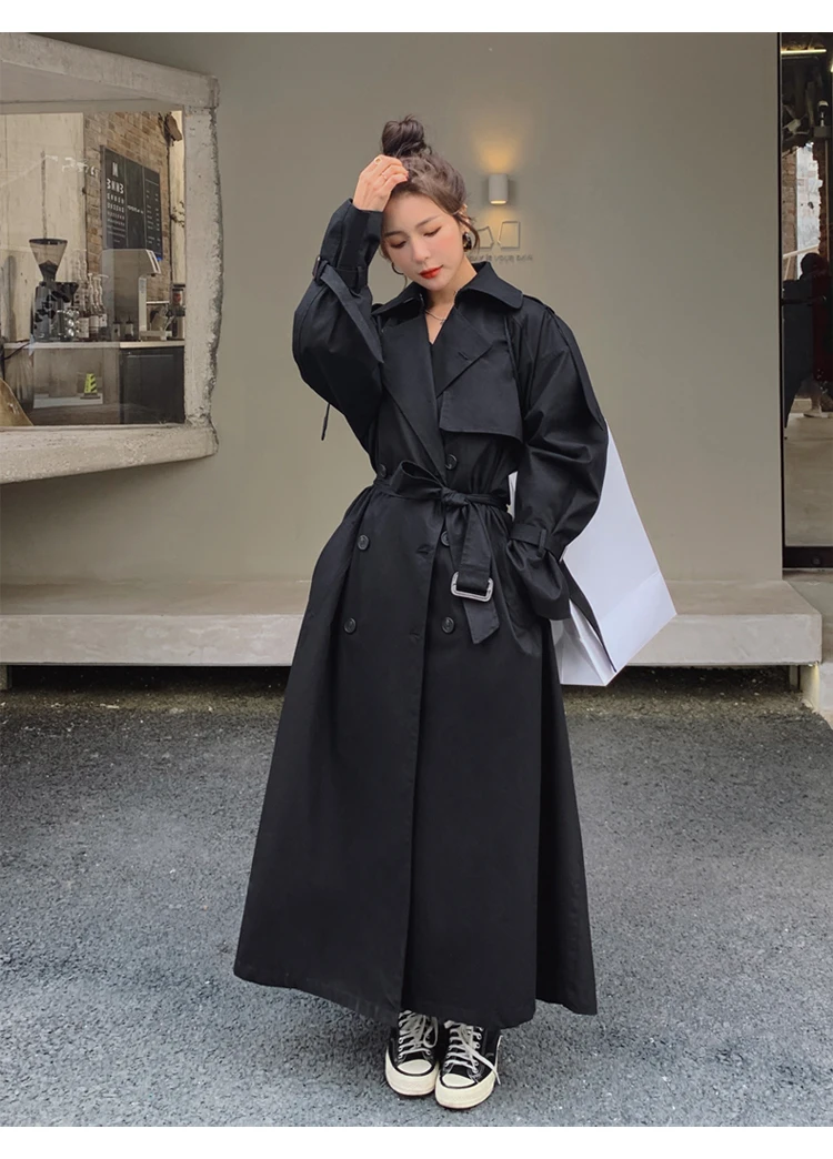 Double Breasted Black Long Windbreaker Women British Style Loose Bandage Maxi Trench Coat Female Elegant Jacket Coat