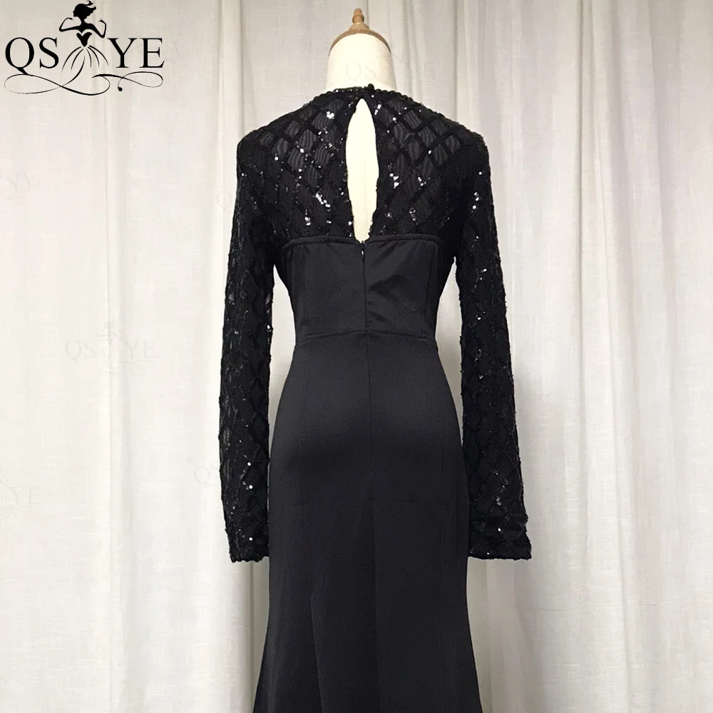 QSYYE – robe de soirée noire style sirène, tenue de soirée Sexy, taille cassée, paillettes, manches longues, dos nu, trou de serrure