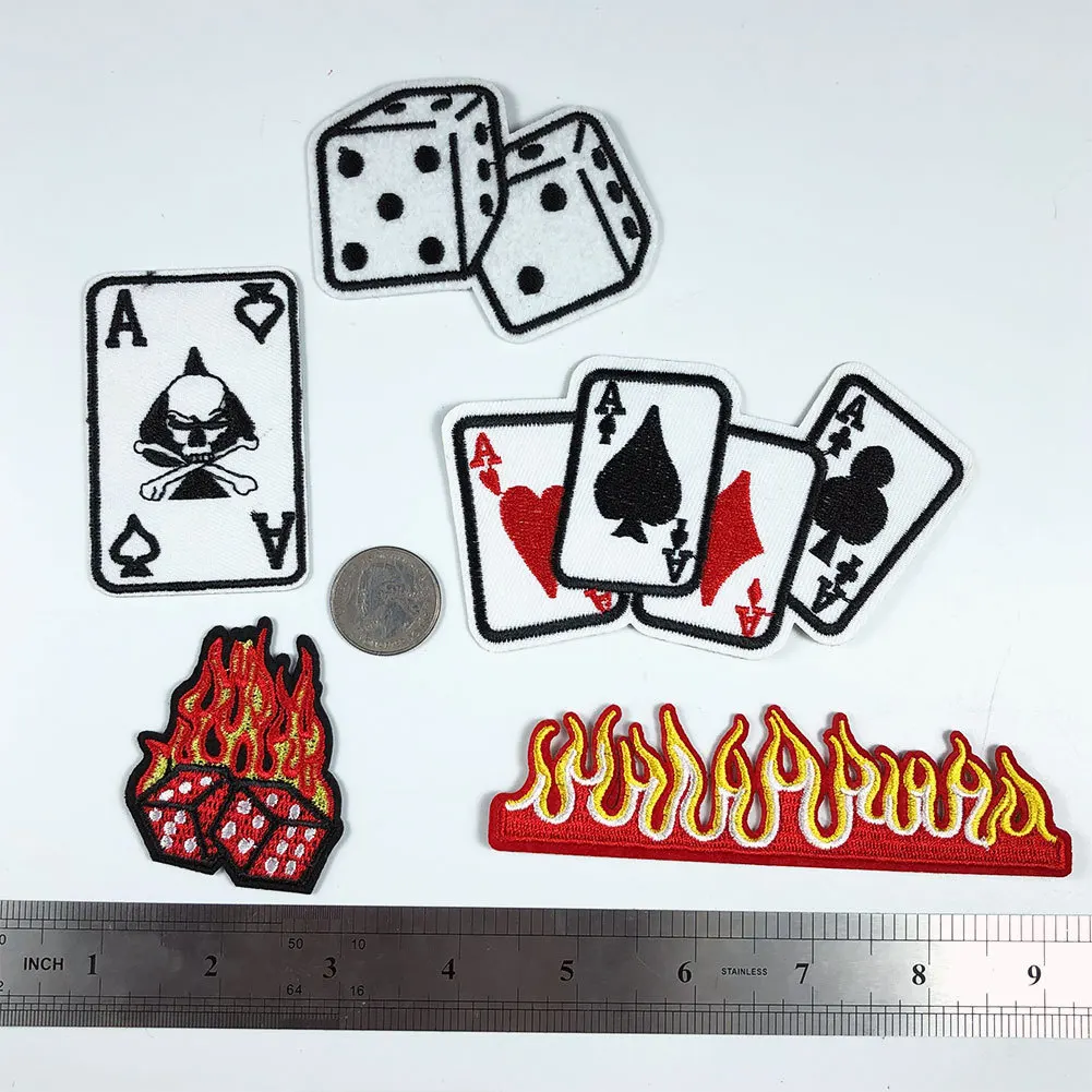 Punk style Gambling Game Pokers Patches DIY Decoration Clothes Stickers 3D Embroidery Patches Fire Dice Appliques for Clothing