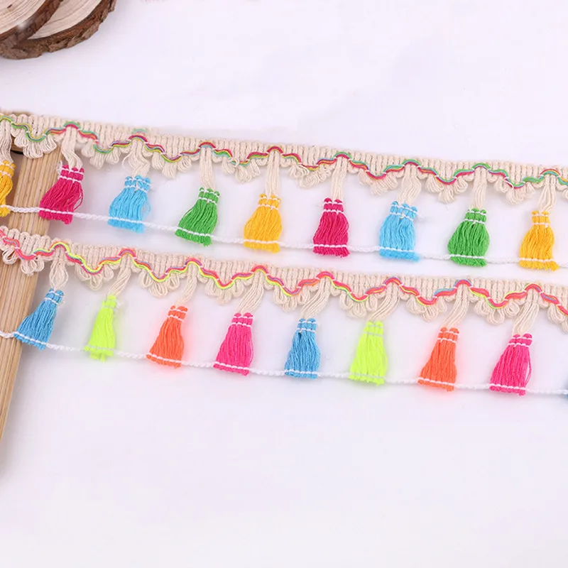 5Yards Colourful Tassel Lace Fabric Trim Ribbon Latin Dress Stage Garment Curtain Sofa Sewing Decorative Cotton Fabrics