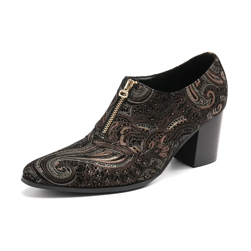 New Trendy High Heels Mens Printing Leather Wedding Dress Shoes Men Business Leisure Party Height Increase Shoes Size 37-46