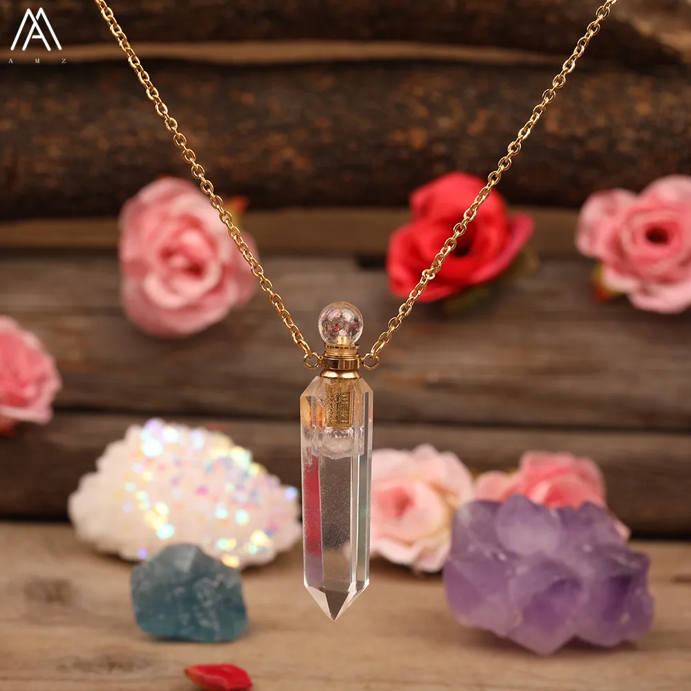 

Natural White Quartz Point Perfume Bottle Pendant Jewelry Faceted Gold Crystal Essential Oil Diffuser For Women Healing Jewelry