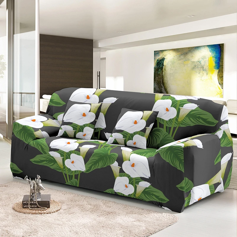 Flowers Lily Print Stretch Sofa Cover For Living Room 1/2/3/4 Seater Washable Corner Slipcover Dust-proof Elastic Couch Covers