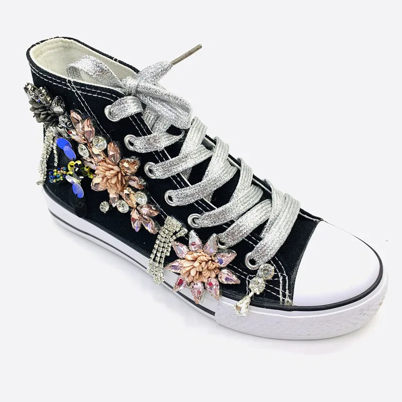 

DIY Women High Top Lace-Up Canvas Black White Flat Bottom Solid Shoes Hand Made Crystal Flower Fashion Adult Casual Shoes