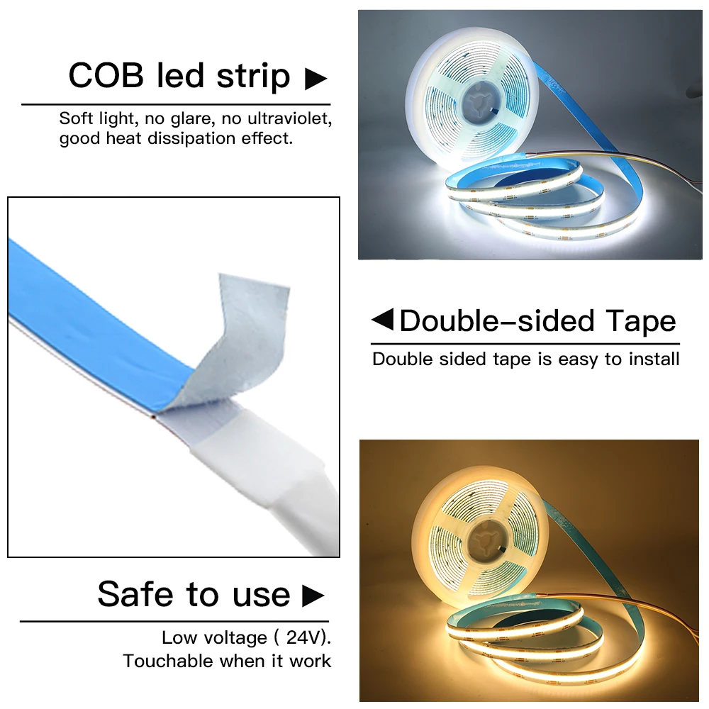 12V 24V COB LED Strip with Dimmable Touch Switch 320 384 528 LEDs/m Flexible Cabinet Lamp Nature White Red Blue Green 0.5-5m