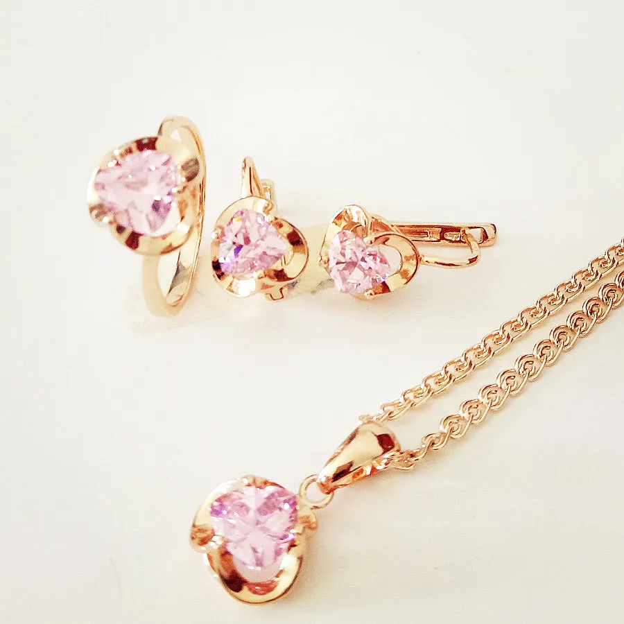 Korean Jewelry Sets Trend New Fashion 585 Gold Color Jewelry Heart Shape Pink Stone Earring Jewelry Sets for Women