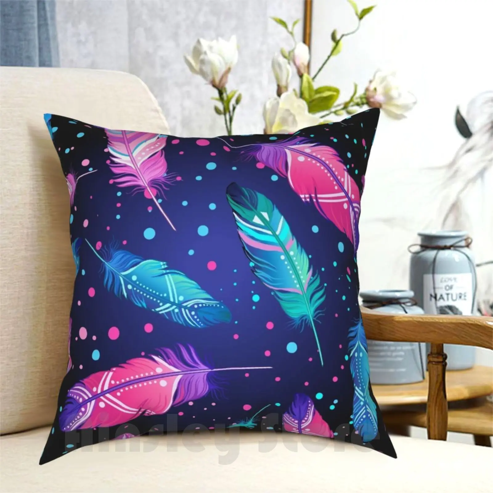 Featrers On Black Pillow Case Printed Home Soft DIY Pillow cover Natural Bird Native Tribal Tattoo Shaman Vector Magic