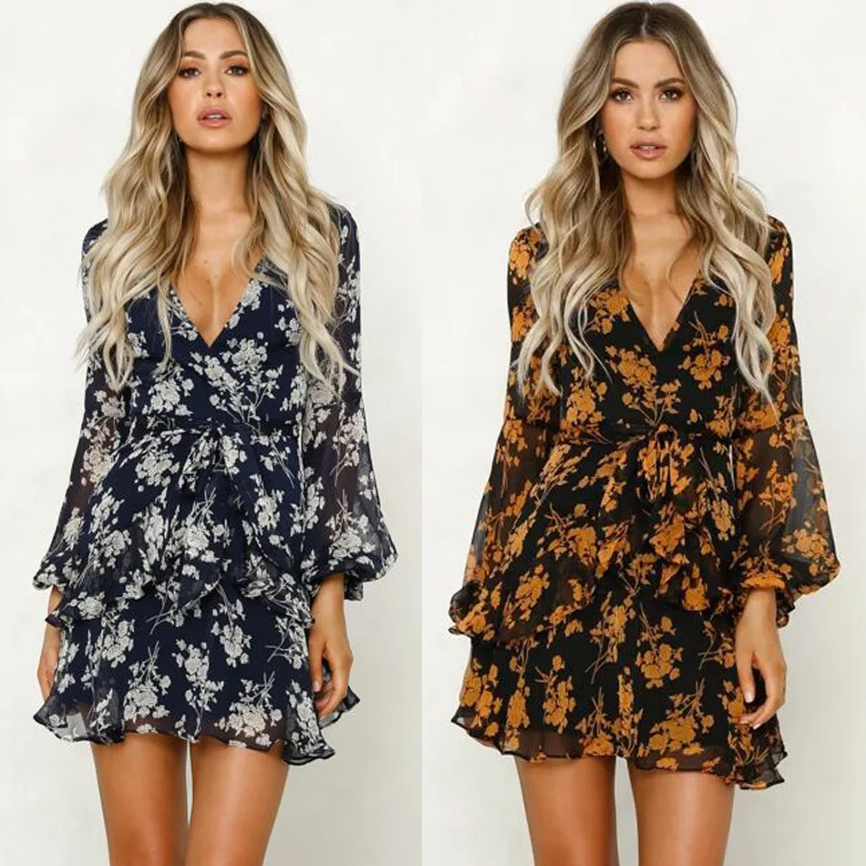 2020 Europe and the United States sexy long-sleeved printed low chest strap dress