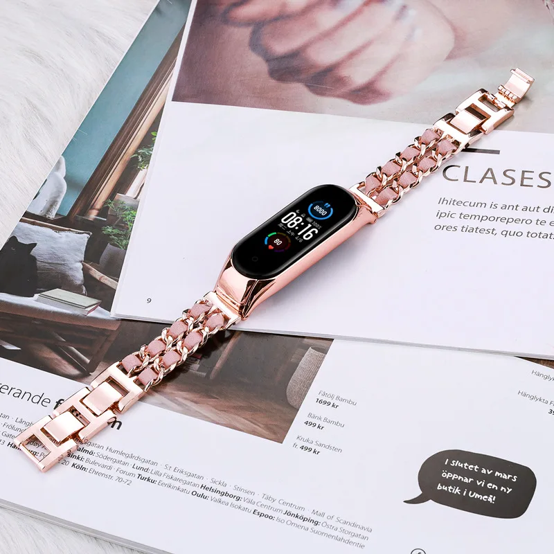 Luxury Strap For Xiaomi Mi Band 7 6 5 4 3 Stainless Steel Wrist Metal leather Bracelet for Mi Band 7 Strap women girl Wristbands